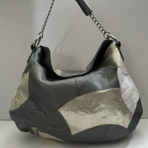 Beautiful patchwork Grey, Silver and white, shimmering design Leather handbag